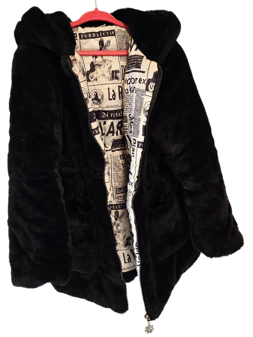 Girls Black Faux Fur Bear Ear Hooded Jacket Coat Size 140 Newspaper Print Lining